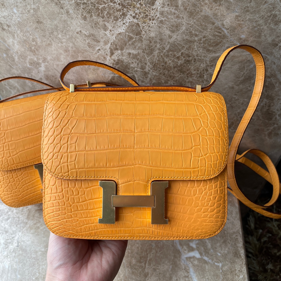 에르메스 콘스탄스18 앰버 옐로우 금장 악어가죽